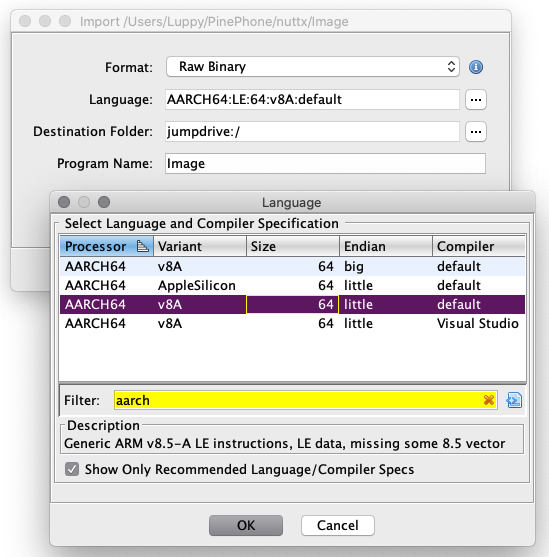 For “Language” select AARCH64:LE:v8A:default