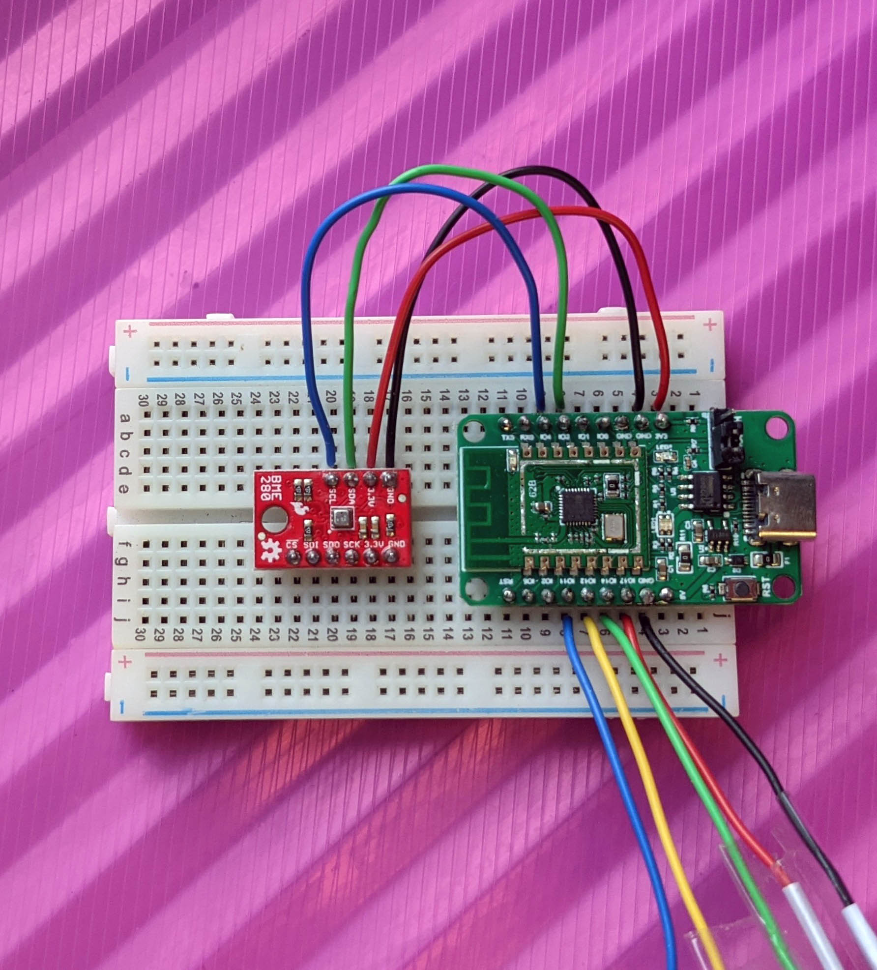 PineCone BL602 RISC-V Evaluation Board connected to BME280 I2C Sensor