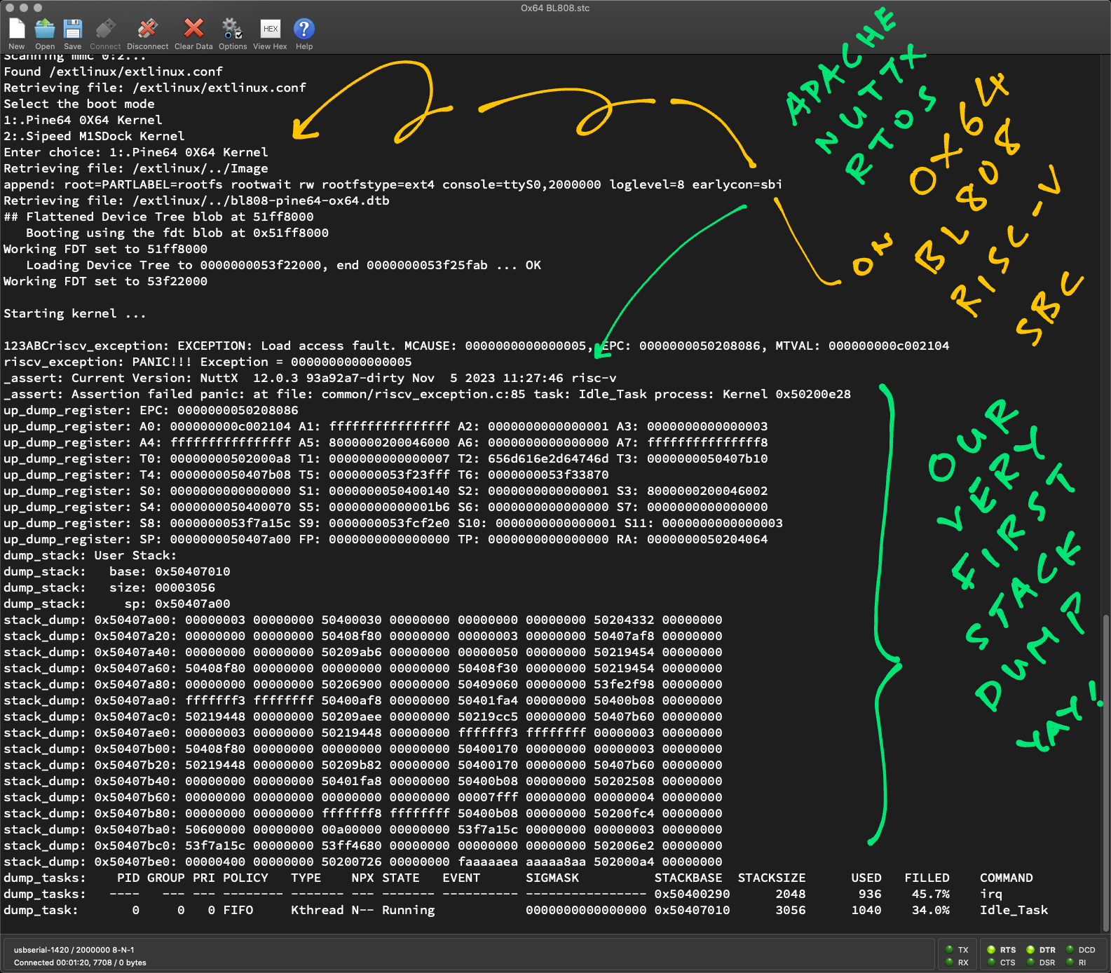 RISC-V Ox64 BL808 SBC: Starting Apache NuttX Real-Time Operating System