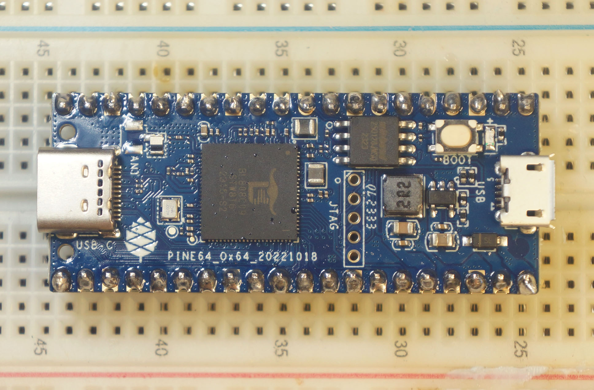 Pine64 Ox64 64-bit RISC-V SBC (Sorry for my substandard soldering)