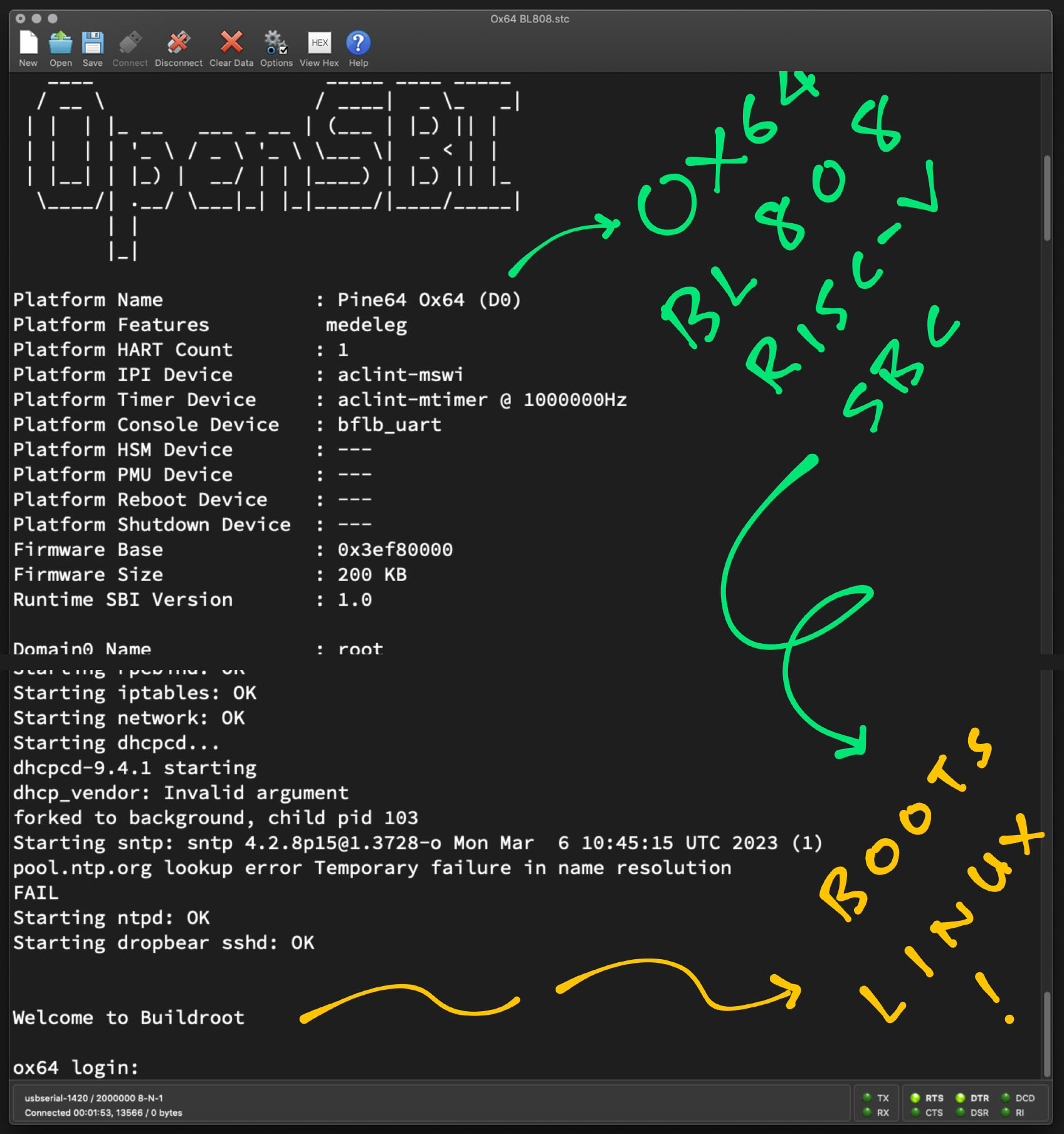 Booting Linux on Pine64 Ox64 64-bit RISC-V SBC (Bouffalo Lab BL808)