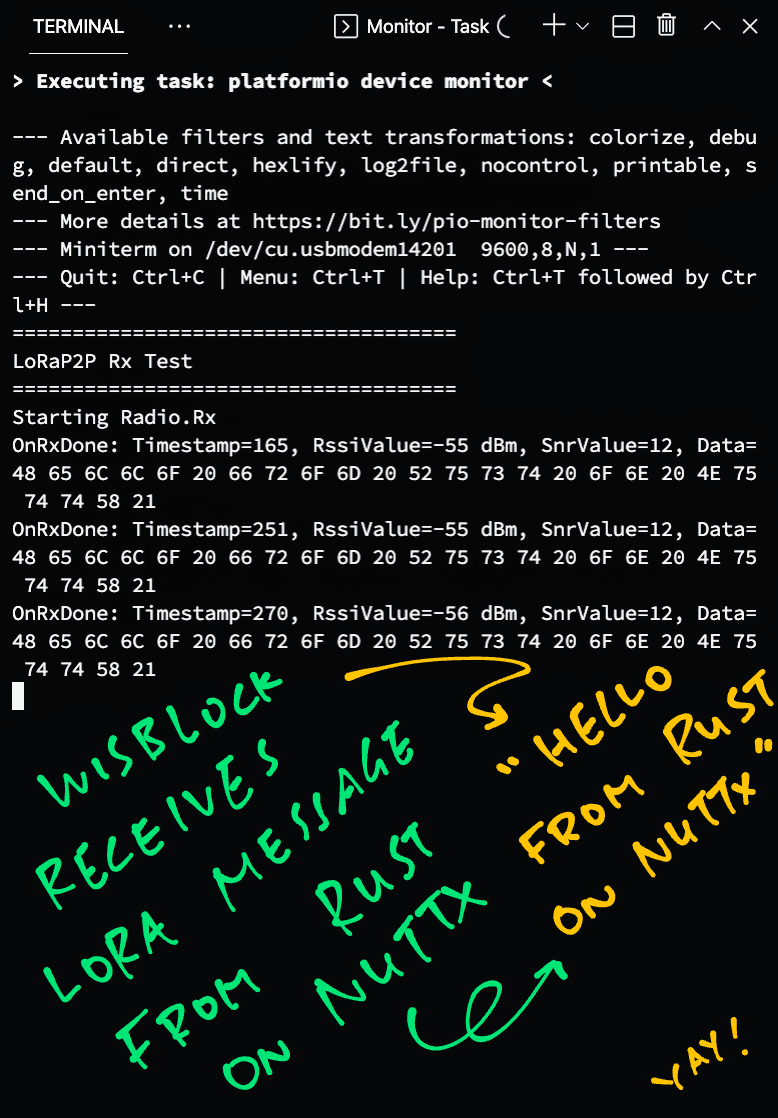 RAKwireless WisBlock receives LoRa Message from Rust on NuttX