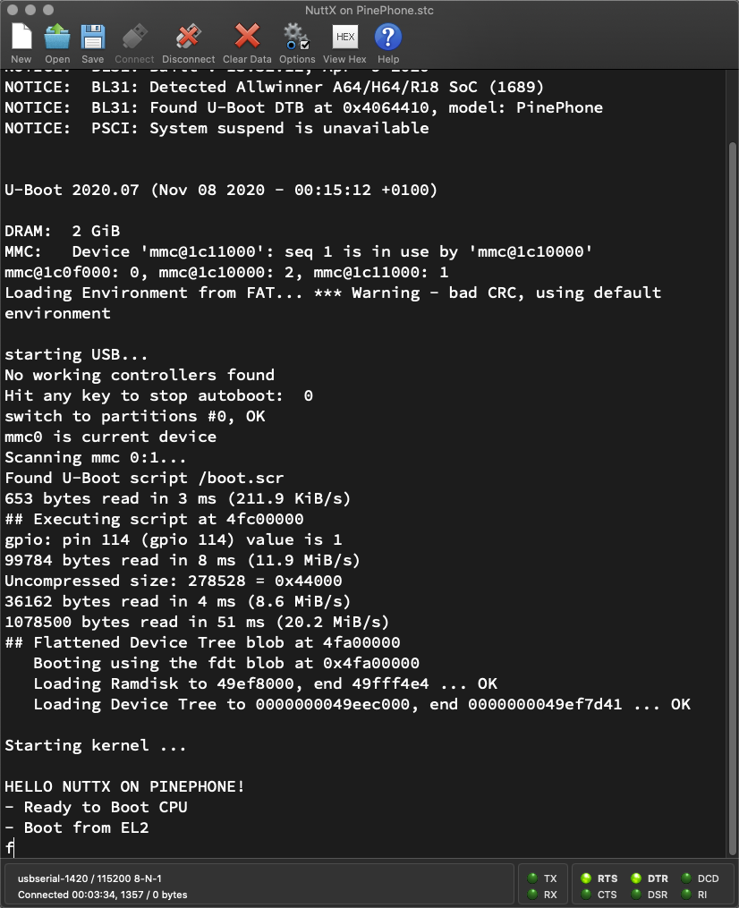 Apache NuttX RTOS booting on Pine64 PinePhone