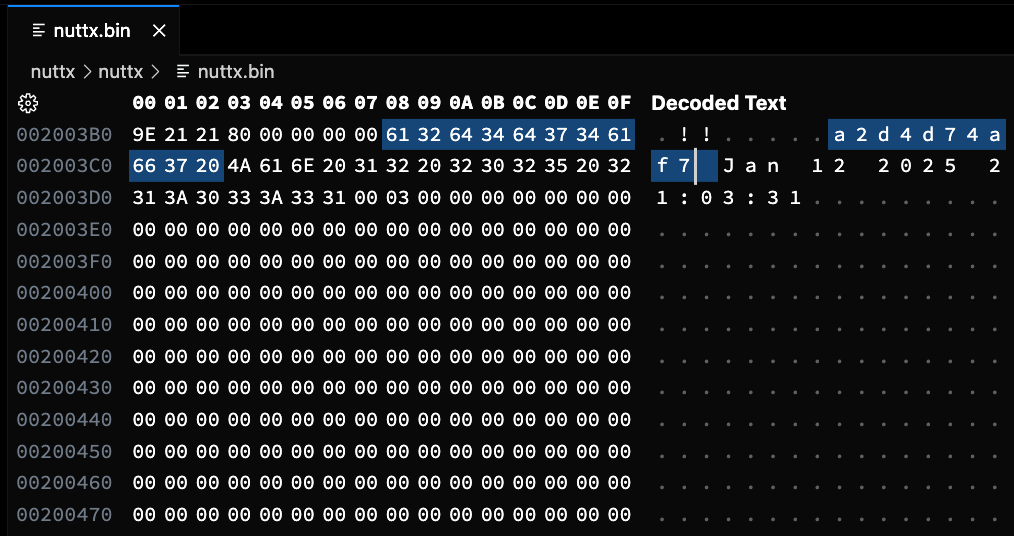 nuttx.bin in VSCode Hex Viewer